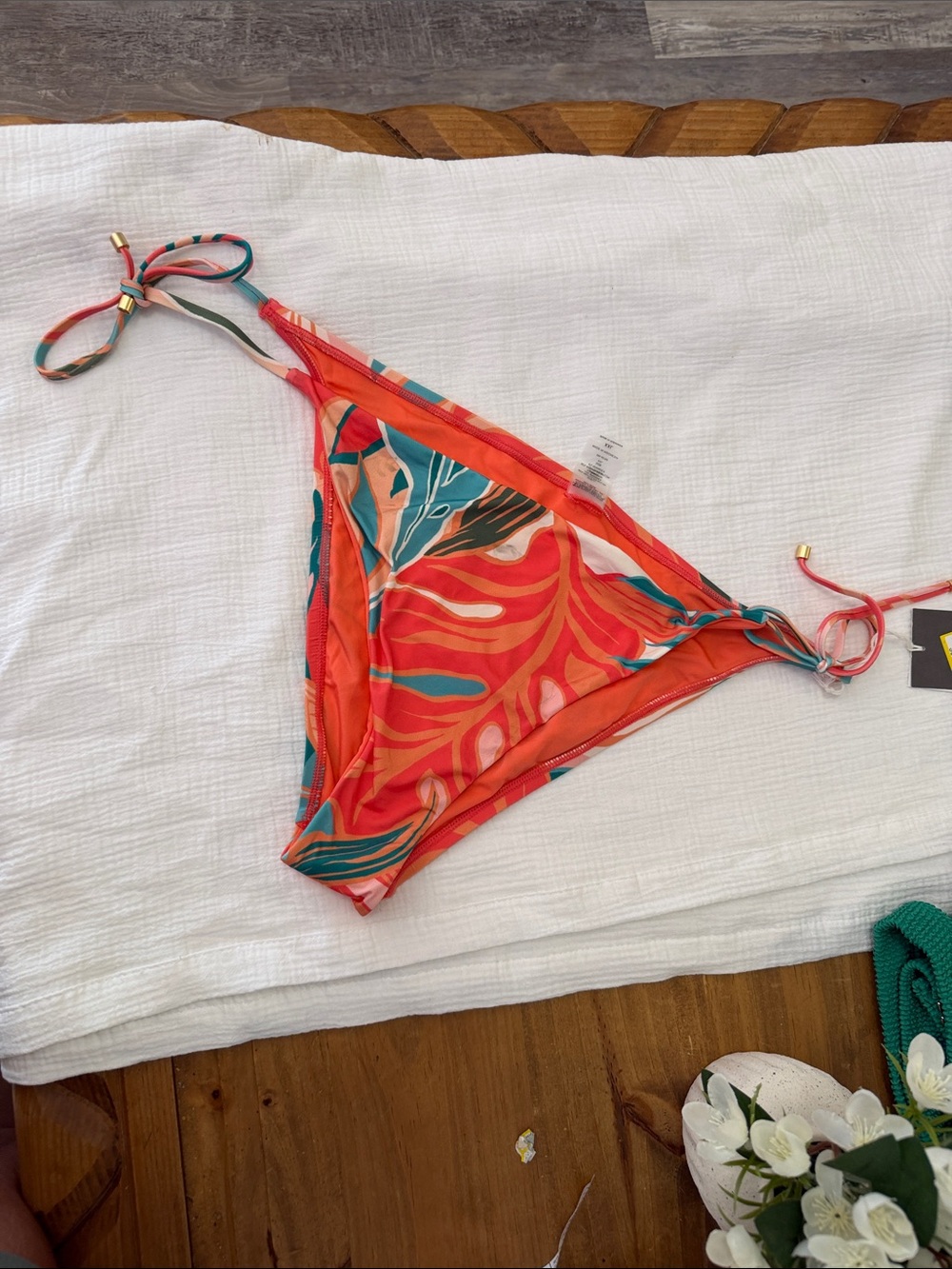 Vitamin A Coral Tropical Tie-Side Bikini Bottoms with Teal Accents